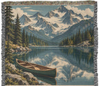 Mountain Lake personalized woven cotton blanket artwork panel, the full woven scene from the top fringe down to the cream lettering panel.