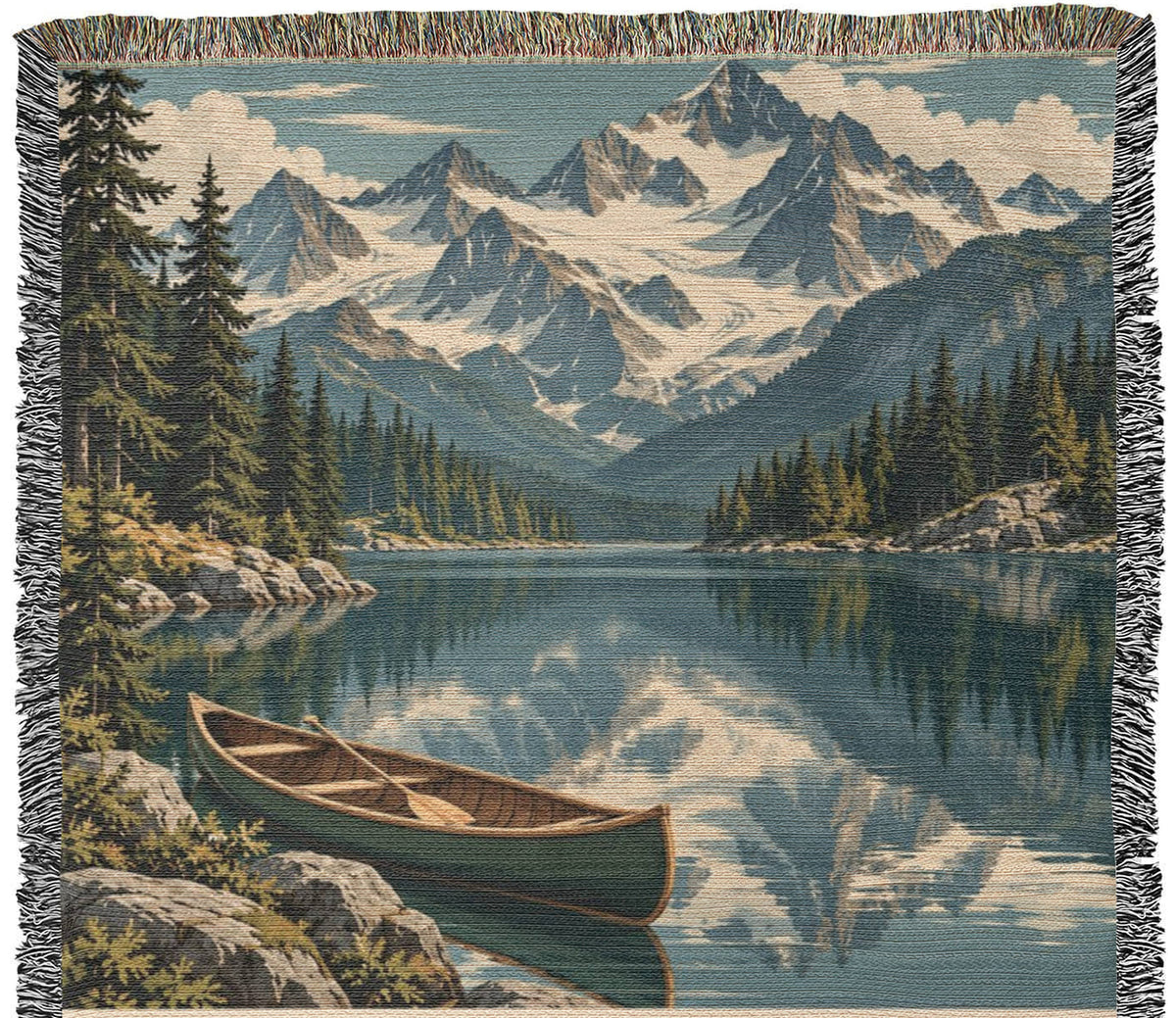 Mountain Lake personalized woven cotton blanket artwork panel, the full woven scene from the top fringe down to the cream lettering panel.