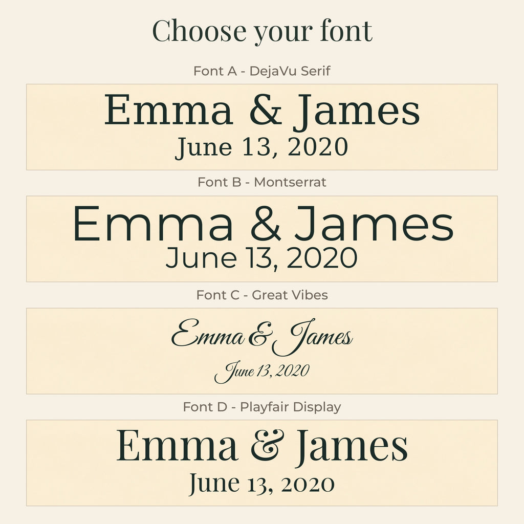Font choice guide for the personalized woven cotton blanket, showing the lettering styles available for the names and date.
