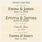 Font choice guide for the personalized woven cotton blanket, showing the lettering styles available for the names and date.