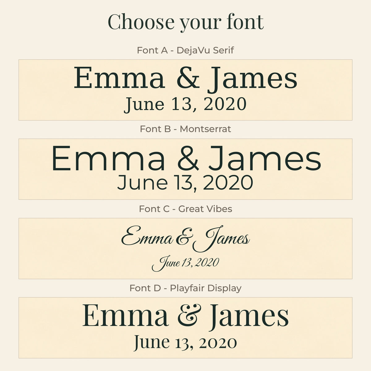 Font choice guide for the personalized woven cotton blanket, showing the lettering styles available for the names and date.