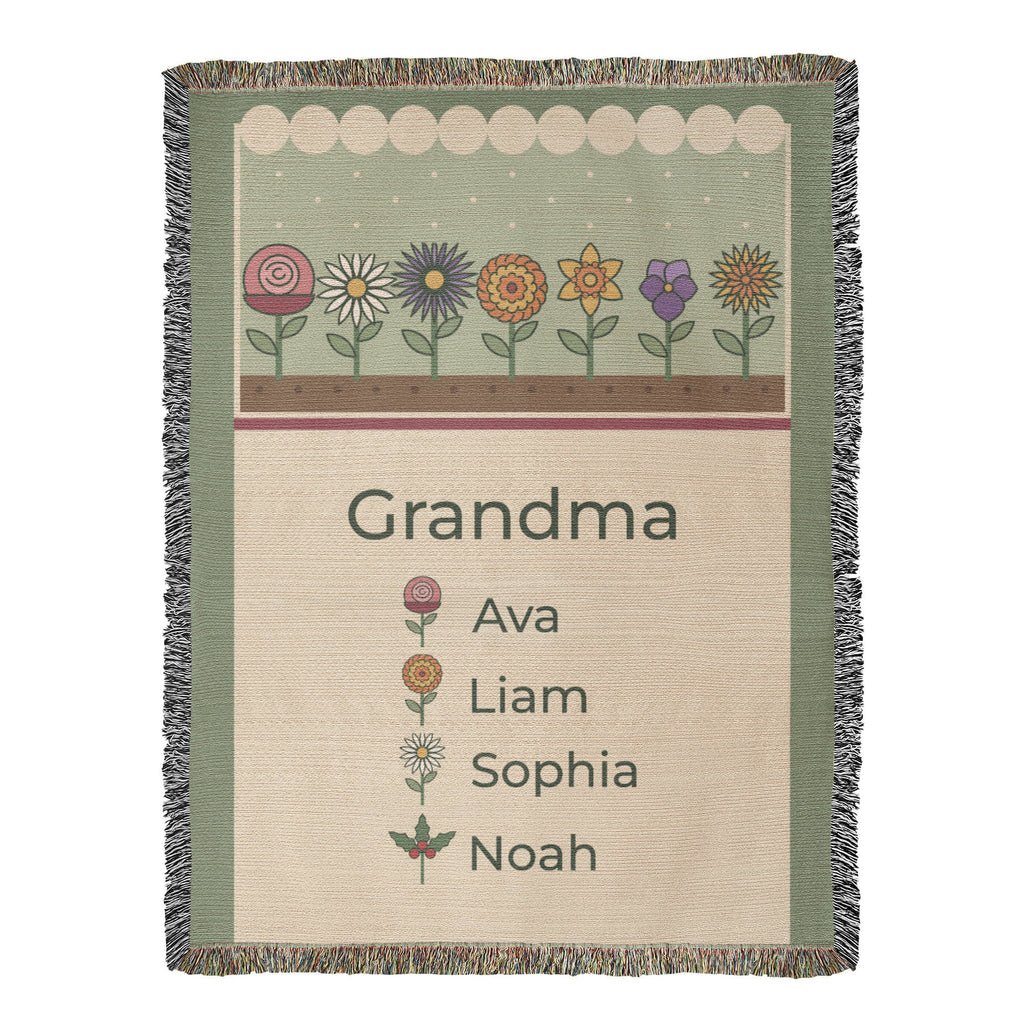 Personalized grandma woven cotton blanket, full front with a row of birth flowers, Grandma above Ava, Liam, Sophia and Noah with flowers