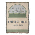 Personalized anniversary woven cotton blanket, full front: arched wildflower meadow above Emma & James and the wedding date June 14, 2020