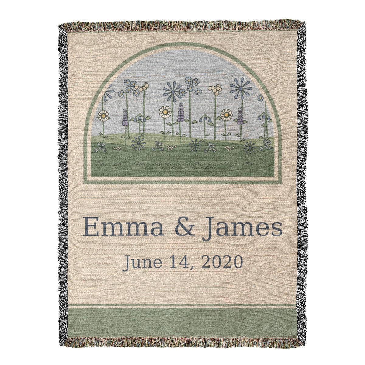 Personalized anniversary woven cotton blanket, full front: arched wildflower meadow above Emma & James and the wedding date June 14, 2020
