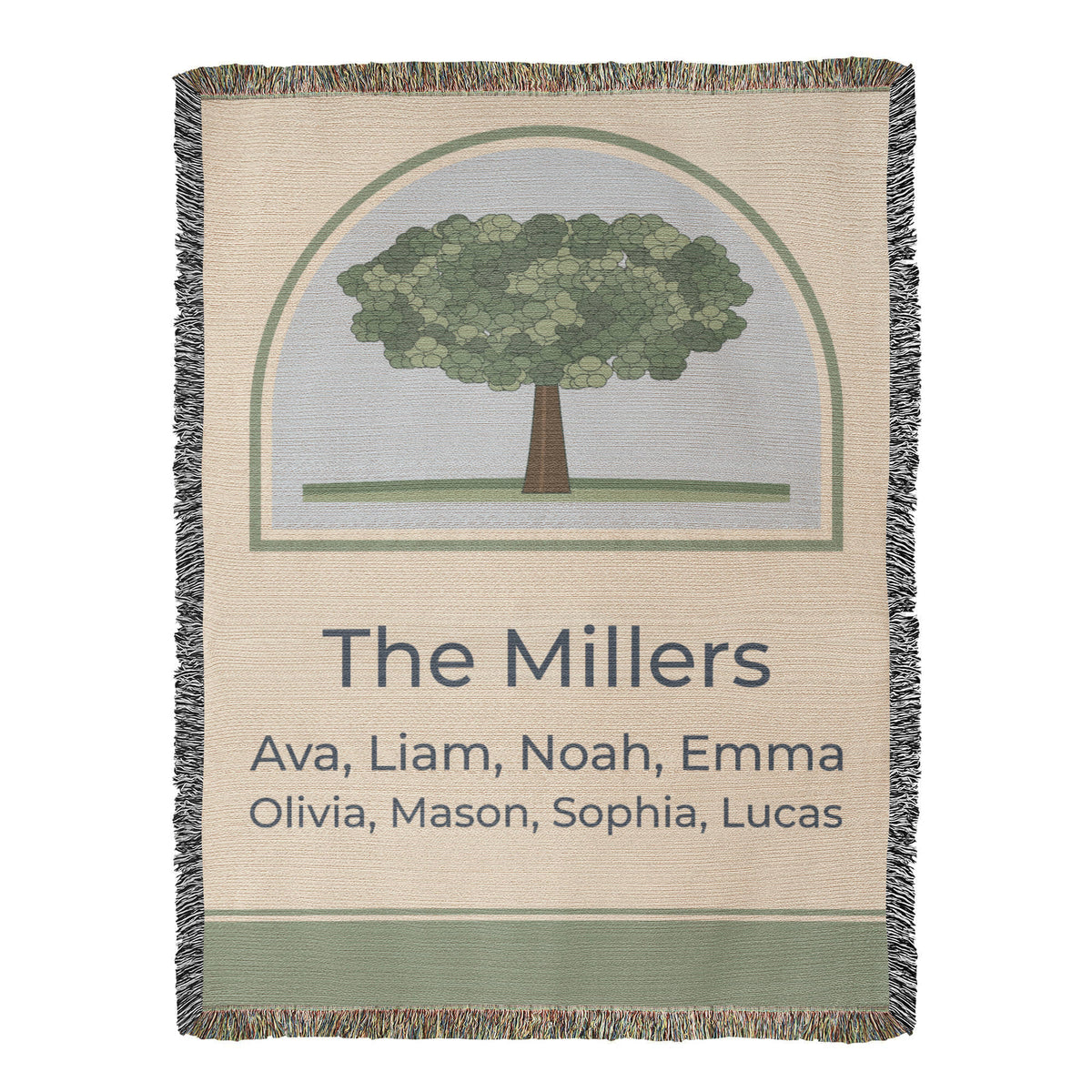 Personalized family tree woven cotton blanket, full front: oak tree above The Millers and family names Ava, Liam, Noah, Emma, Olivia, Mason, Sophia, Lucas