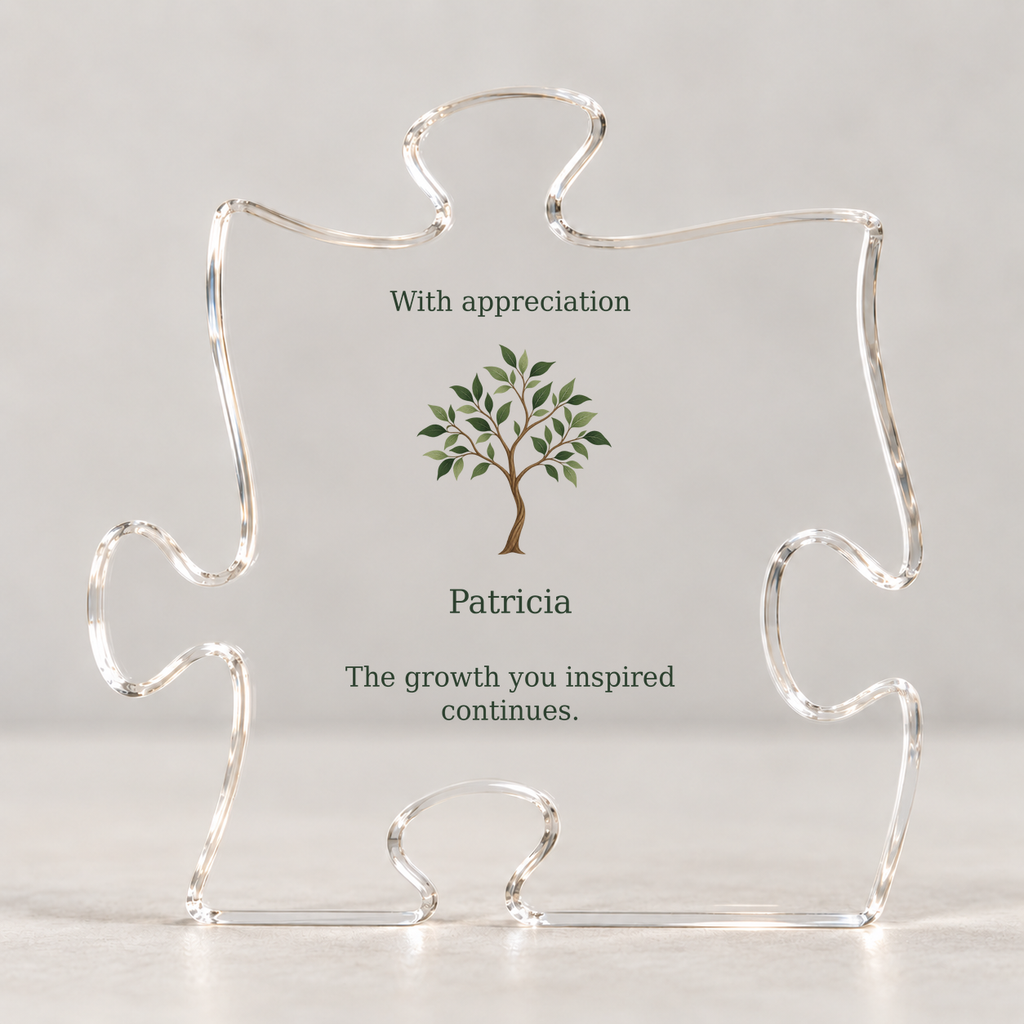 Acrylic puzzle plaque with sapling art and text: With appreciation, Patricia, The growth you inspired continues.
