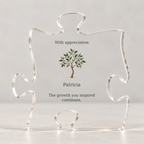 Acrylic puzzle plaque with sapling art and text: With appreciation, Patricia, The growth you inspired continues.