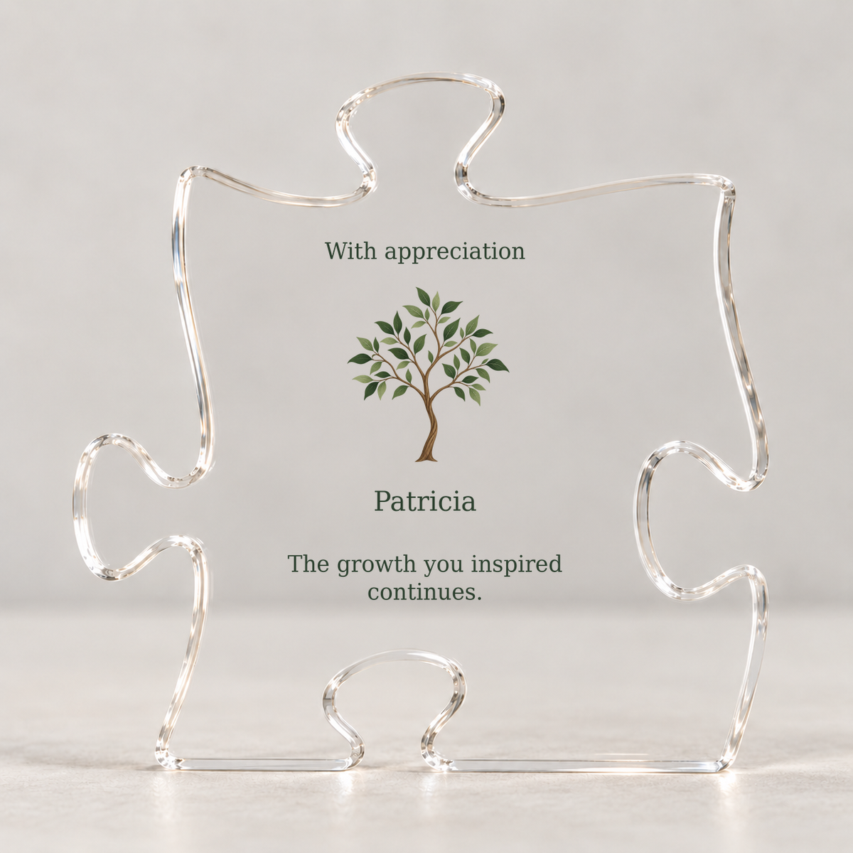 Acrylic puzzle plaque with sapling art and text: With appreciation, Patricia, The growth you inspired continues.