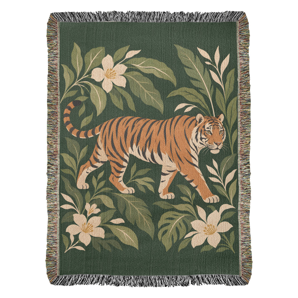 Tiger Botanical woven cotton blanket shown full front: a striding orange tiger among cream blossoms and green leaves on deep green, with fringe.