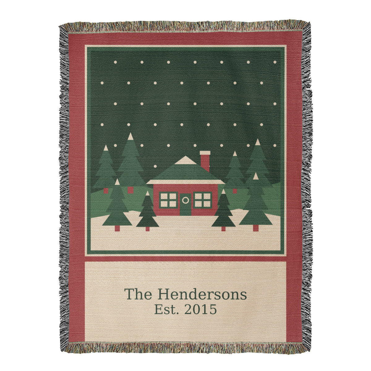 Personalized family name Christmas woven cotton blanket, full front with red cabin, evergreens, family name and year