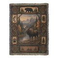 Moose and bear lodge woven cotton throw, full front: bull moose at a mountain lake inside a twig-lashed border with a black bear panel above