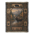 Moose and bear lodge woven cotton throw, full front: bull moose at a mountain lake inside a twig-lashed border with a black bear panel above