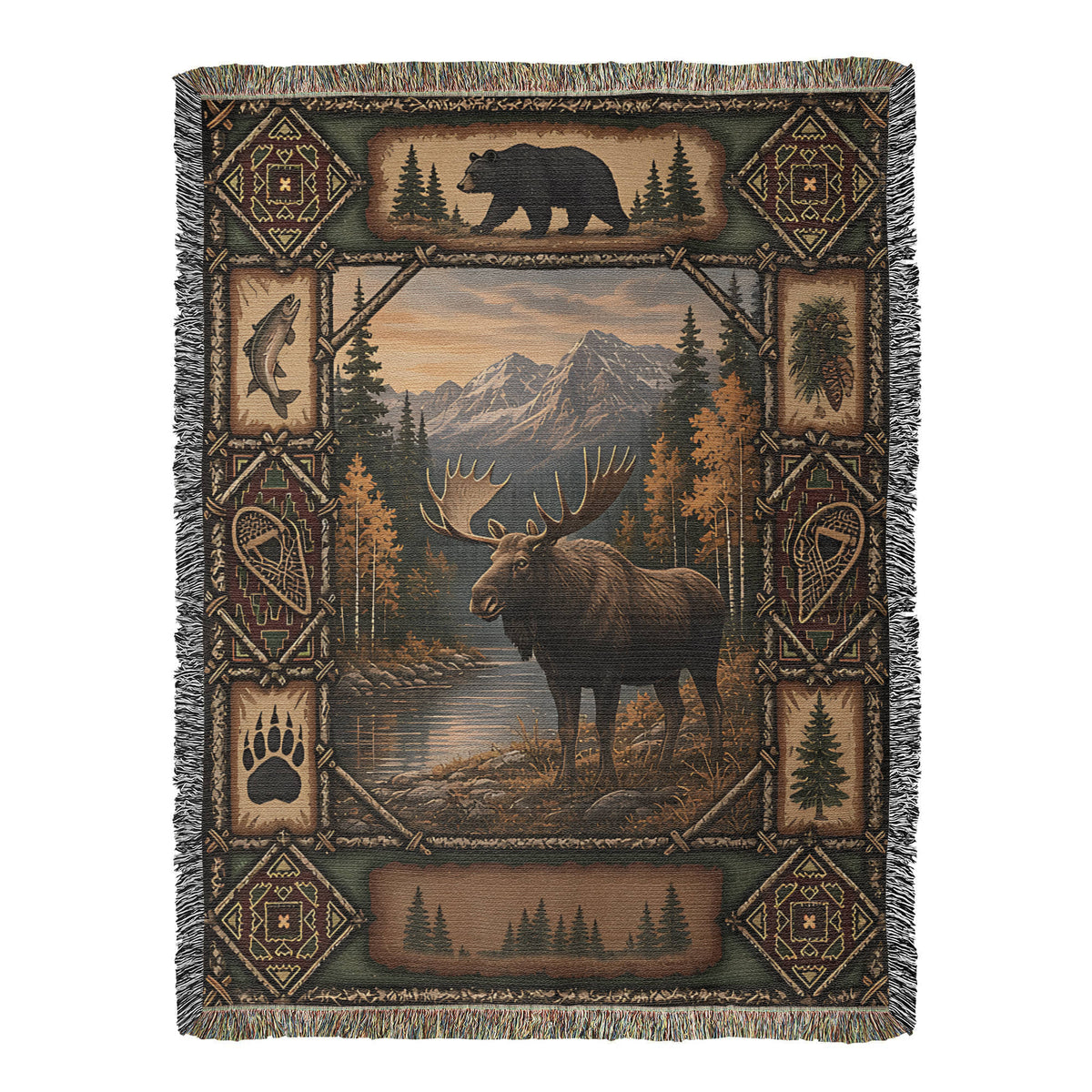 Moose and bear lodge woven cotton throw, full front: bull moose at a mountain lake inside a twig-lashed border with a black bear panel above