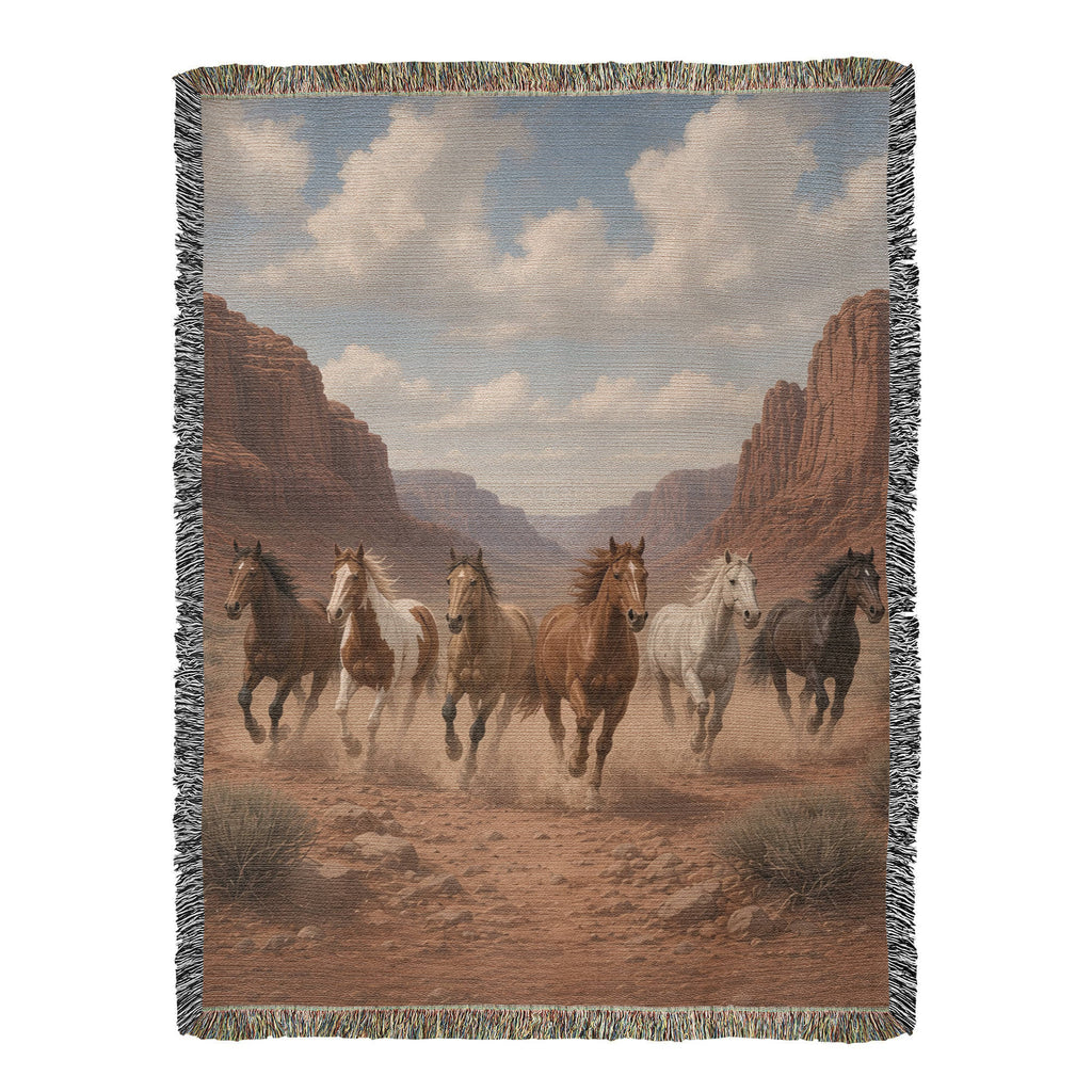 Painterly western horse woven cotton throw, full front: six horses galloping through a red-rock canyon under big clouds, fringed edges