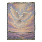Memorial dove woven throw: white dove rising over a lavender field with the Matthew 5:4 verse, full front flat on white with fringe on all edges
