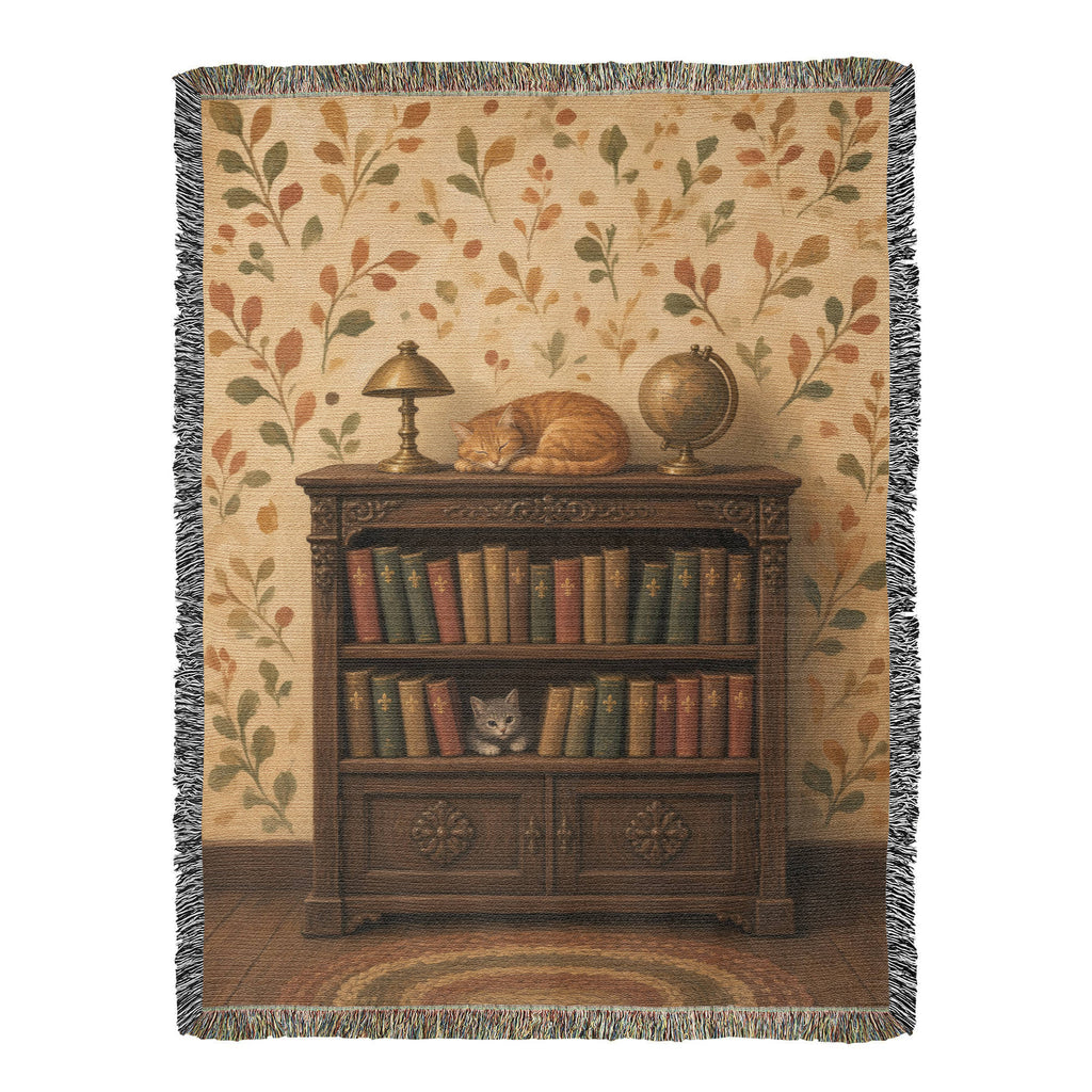 Library cat woven throw: orange tabby folk art, full front flat on white with fringe on all edges