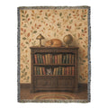 Library cat woven throw: orange tabby folk art, full front flat on white with fringe on all edges