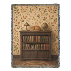 Library cat woven throw: orange tabby folk art, full front flat on white with fringe on all edges
