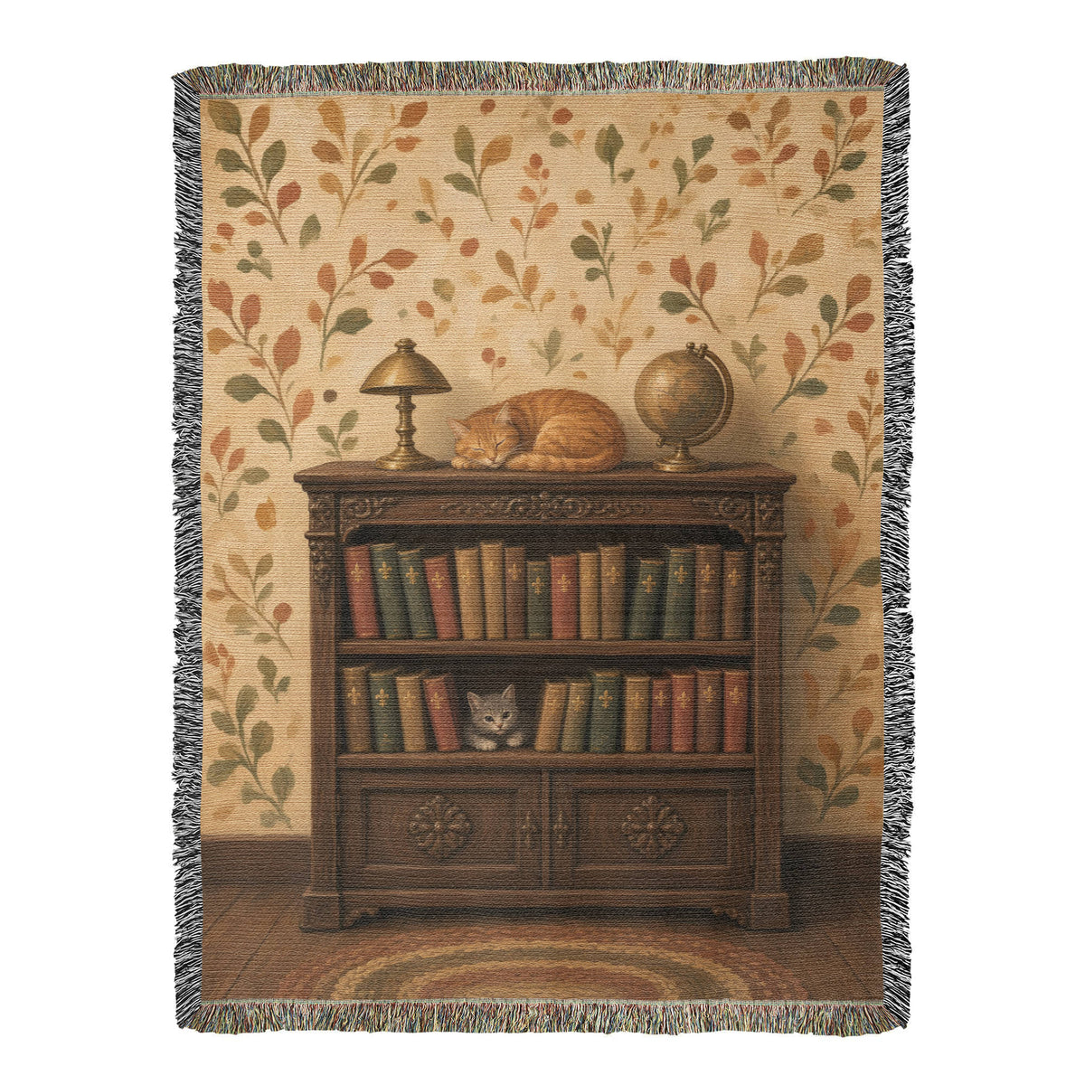 Library cat woven throw: orange tabby folk art, full front flat on white with fringe on all edges