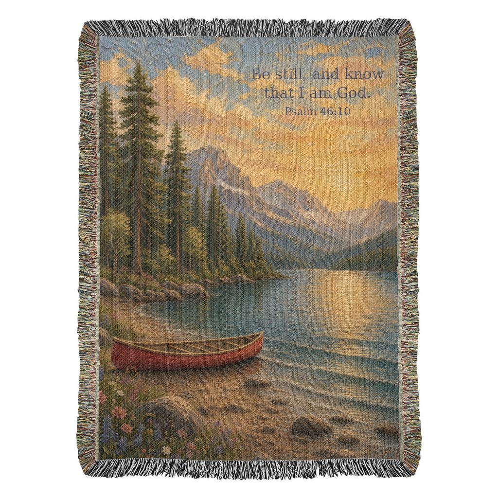 Be Still lake woven throw, full front flat on white with fringe: red canoe on a mountain lake with Psalm 46:10
