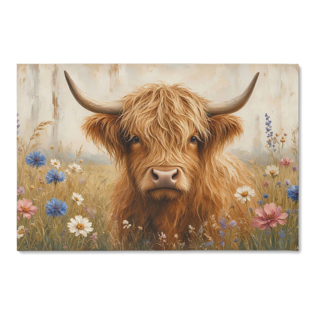 Highland cow canvas wall art, full front: painterly ginger highland cow with long horns in a wildflower field on whitewashed barn wood