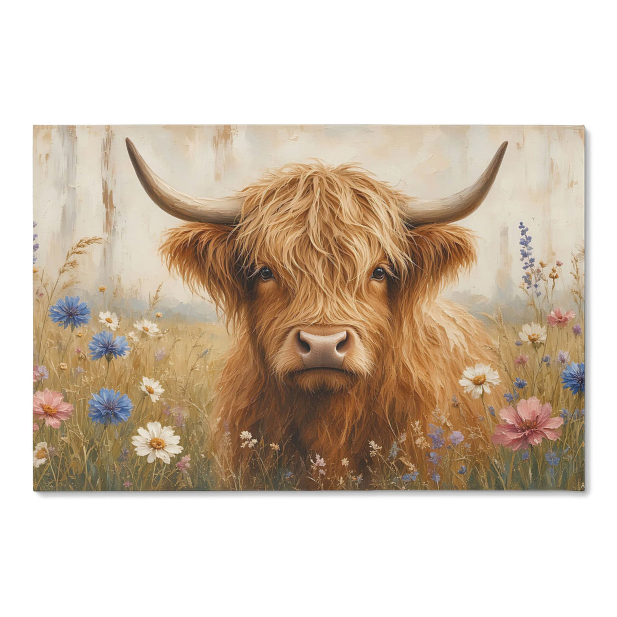 Highland cow canvas wall art, full front: painterly ginger highland cow with long horns in a wildflower field on whitewashed barn wood