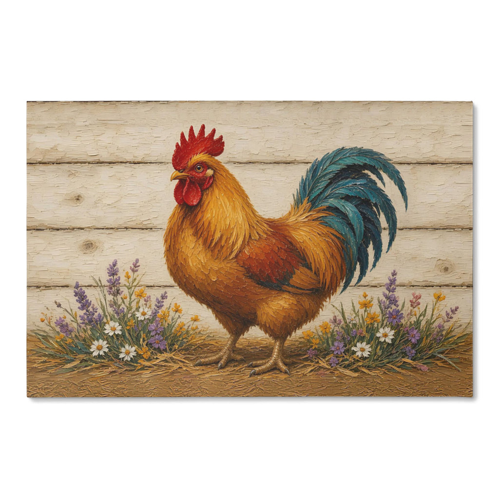 Painterly farmhouse rooster gallery wrap canvas, full front: golden-neck rooster on cream whitewash with wildflowers