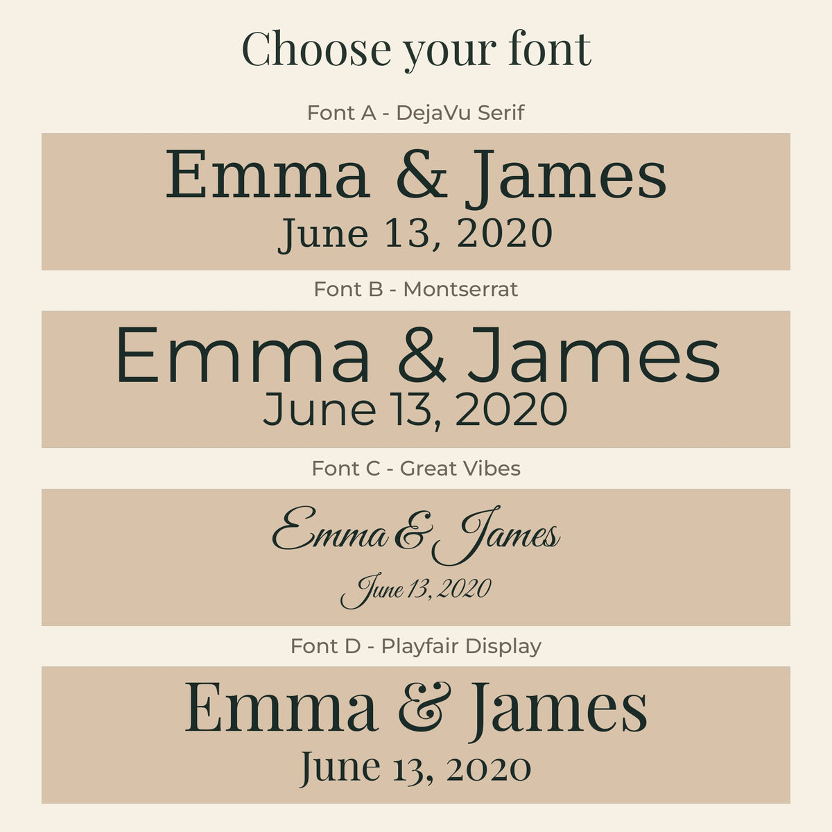 Font options A to D for personalized names and date