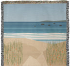 Coastal personalized woven cotton blanket artwork panel, the full woven scene from the top fringe down to the cream lettering panel.