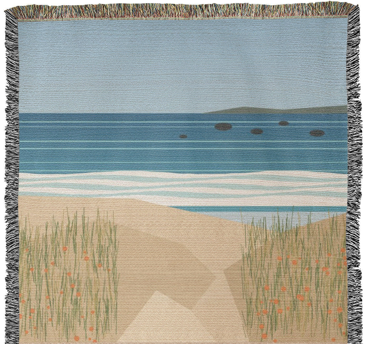 Coastal personalized woven cotton blanket artwork panel, the full woven scene from the top fringe down to the cream lettering panel.