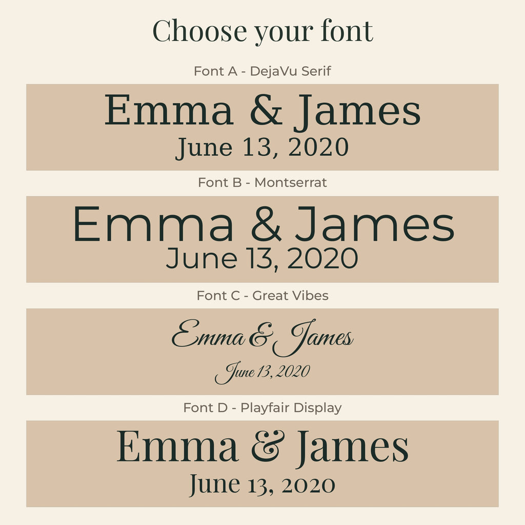 Font choice guide for the personalized woven cotton blanket, showing the lettering styles available for the names and date.