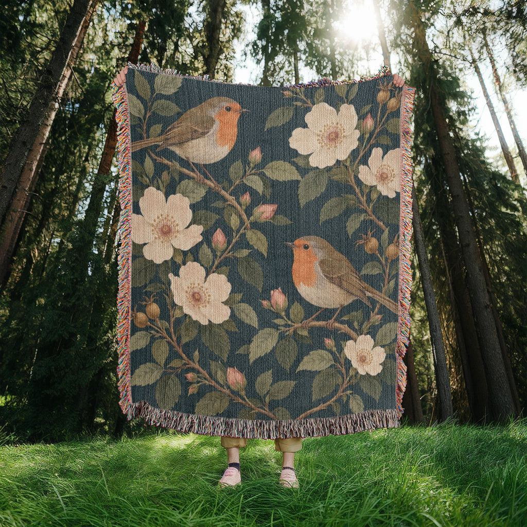 Bird Garden woven blanket held up in a sunlit forest clearing, showing robins perched on flowering branches with cream wild roses on deep teal framed by fringe.
