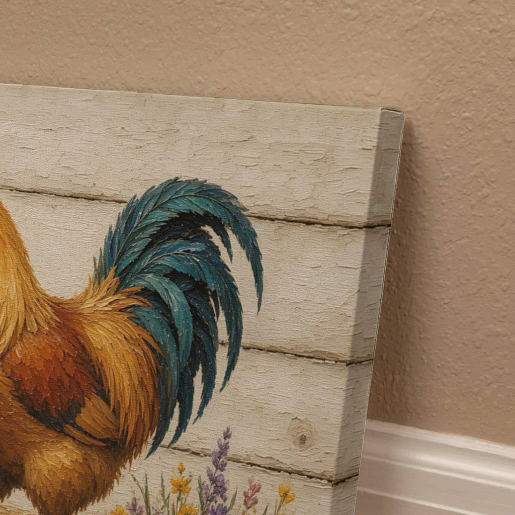 Close-up of the farmhouse rooster canvas corner showing brush texture and the wrapped side edge