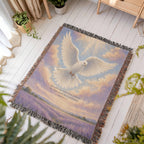 Memorial dove woven throw: white dove rising over a lavender field with the Matthew 5:4 verse spread on a white porch floor beside potted plants