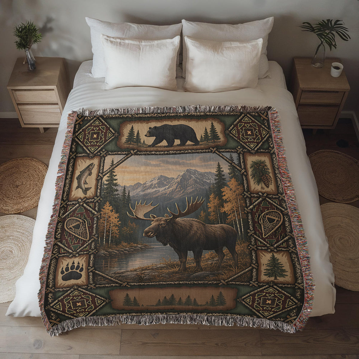 Lodge woven throw spread across a made bed, moose by the lake framed by pine panels, diamond medallions and a walking black bear