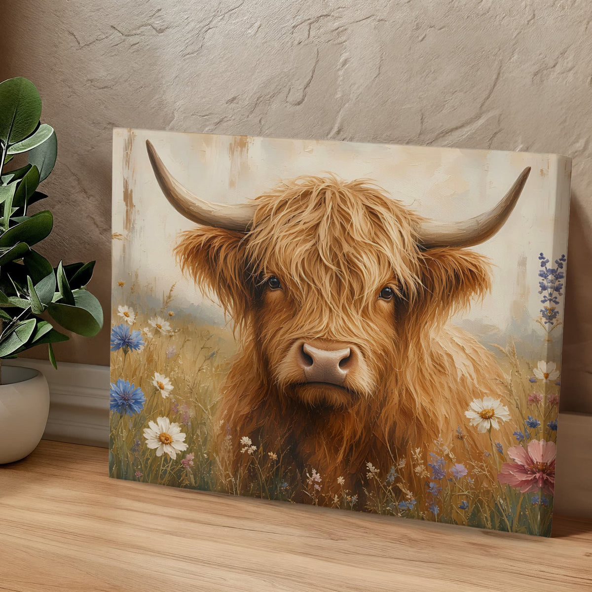 Highland cow painting canvas leaning on a textured wall beside a potted plant, painted fur and wildflowers in caramel, cream and sage