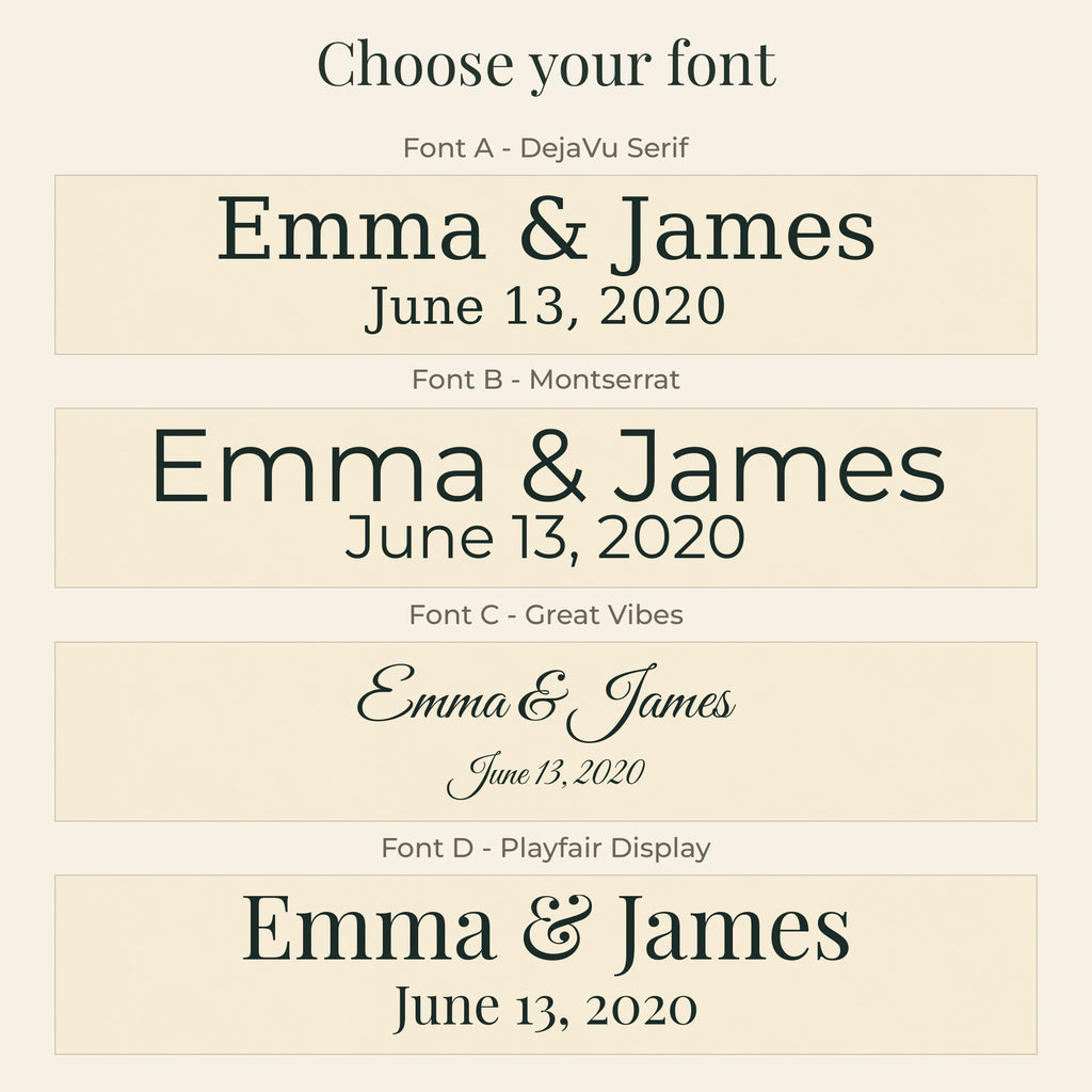 Font options A to D for personalized names and date