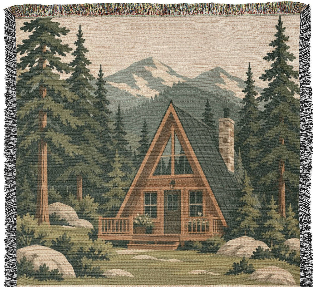 Cabin personalized woven cotton blanket artwork panel, the full woven scene from the top fringe down to the cream lettering panel.
