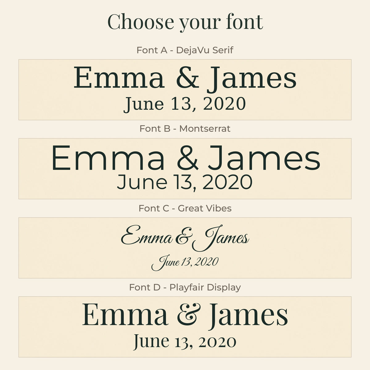 Font choice guide for the personalized woven cotton blanket, showing the lettering styles available for the names and date.