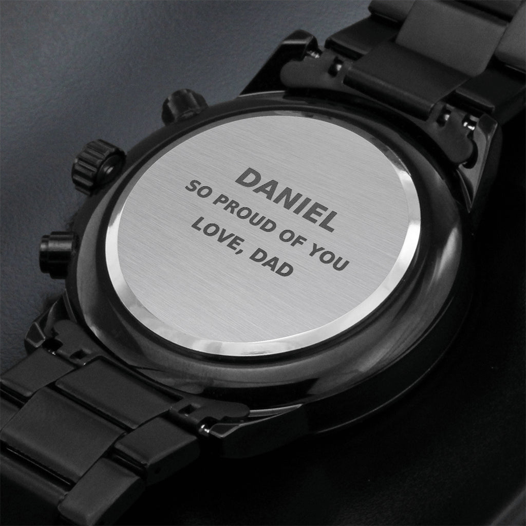 Close-up of brushed caseback engraving: DANIEL, SO PROUD OF YOU, LOVE, DAD