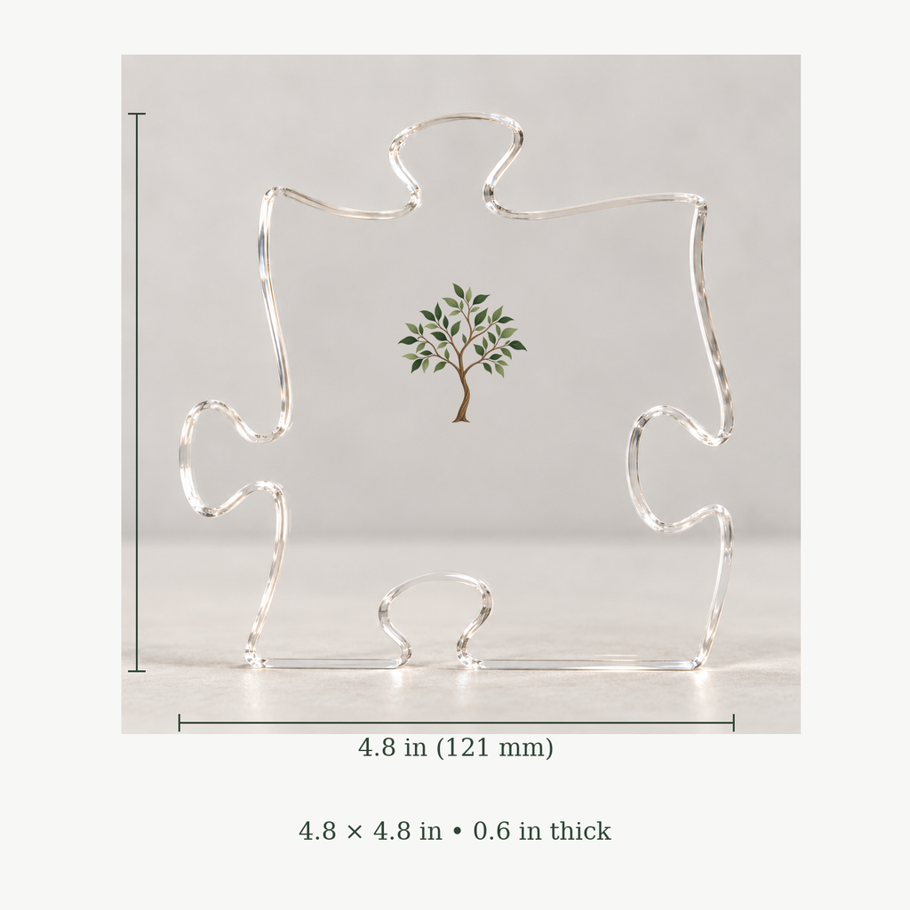 Acrylic puzzle plaque with sapling art and size labels: 4.8 in (121 mm) wide, 4.8 x 4.8 in, 0.6 in thick.