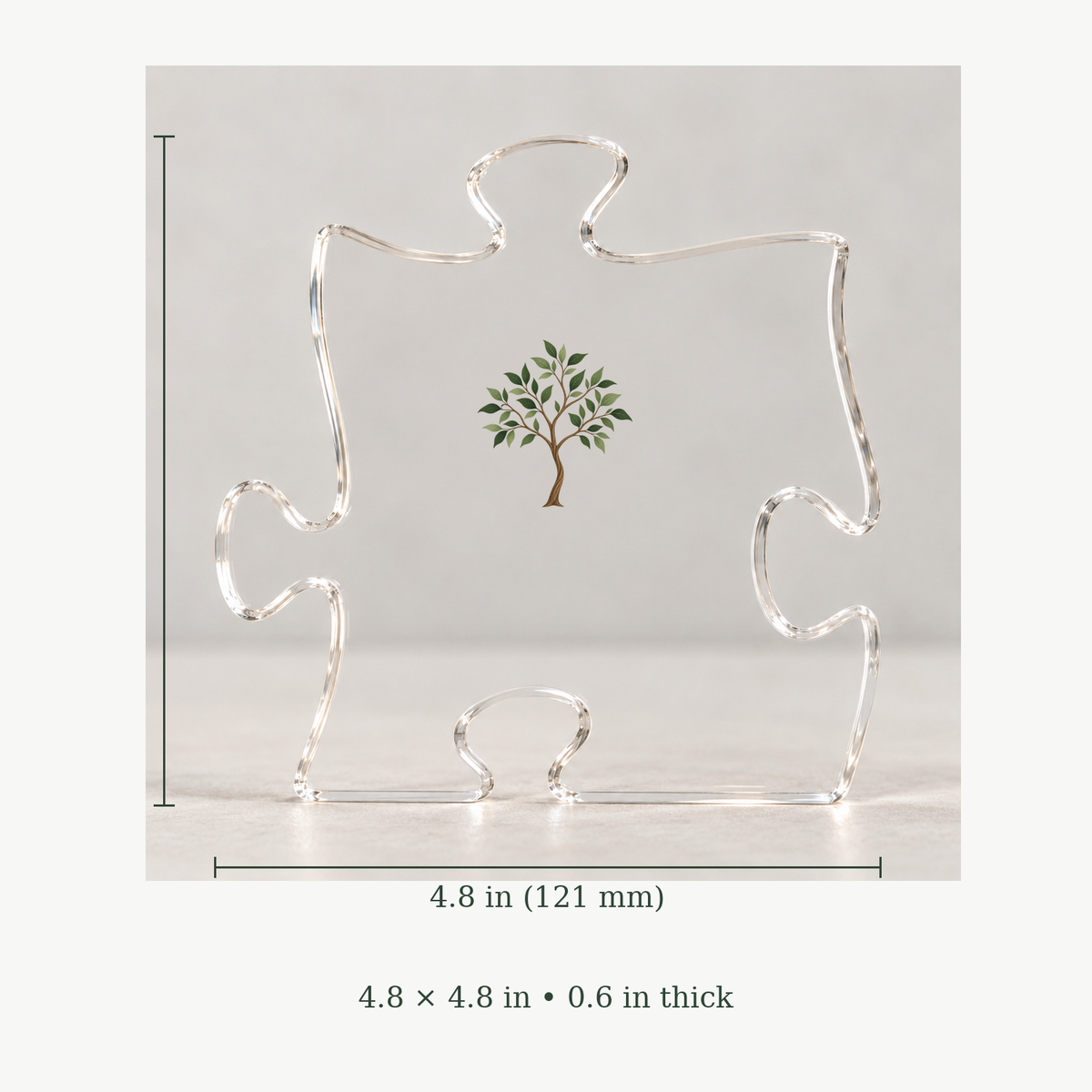 Acrylic puzzle plaque with sapling art and size labels: 4.8 in (121 mm) wide, 4.8 x 4.8 in, 0.6 in thick.