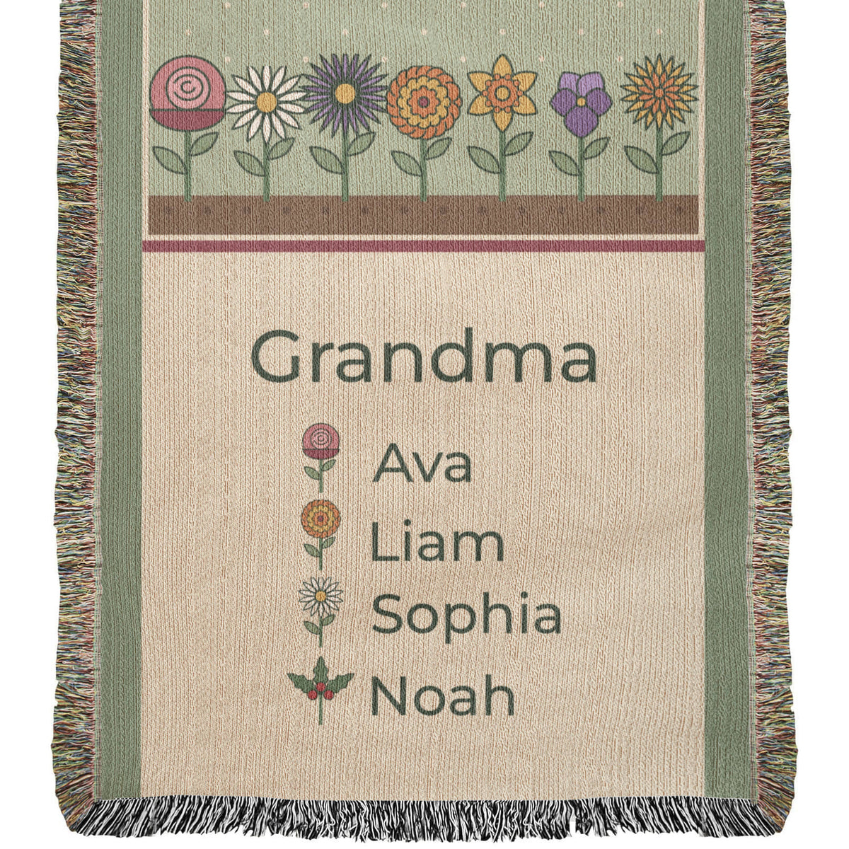 Personalized grandma woven blanket in the 37 x 52 size, close view of the birth flower garden row above Grandma and four grandchildren names
