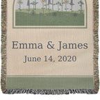 Personalized wedding anniversary woven blanket in the 37 x 52 size, close view of the wildflower meadow above Emma & James and June 14, 2020