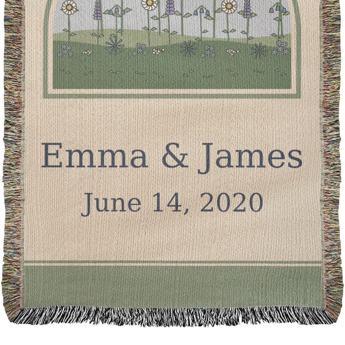 Personalized wedding anniversary woven blanket in the 37 x 52 size, close view of the wildflower meadow above Emma & James and June 14, 2020