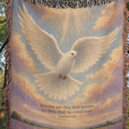 Detail of the memorial dove throw, white dove rising over a lavender field, Matthew 5:4 hung on a clothesline in the trees