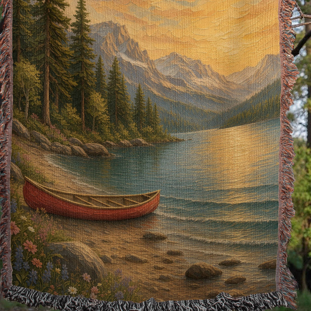 Detail of the Be Still lake woven throw hung on a clothesline in the trees: canoe, lake and fringe