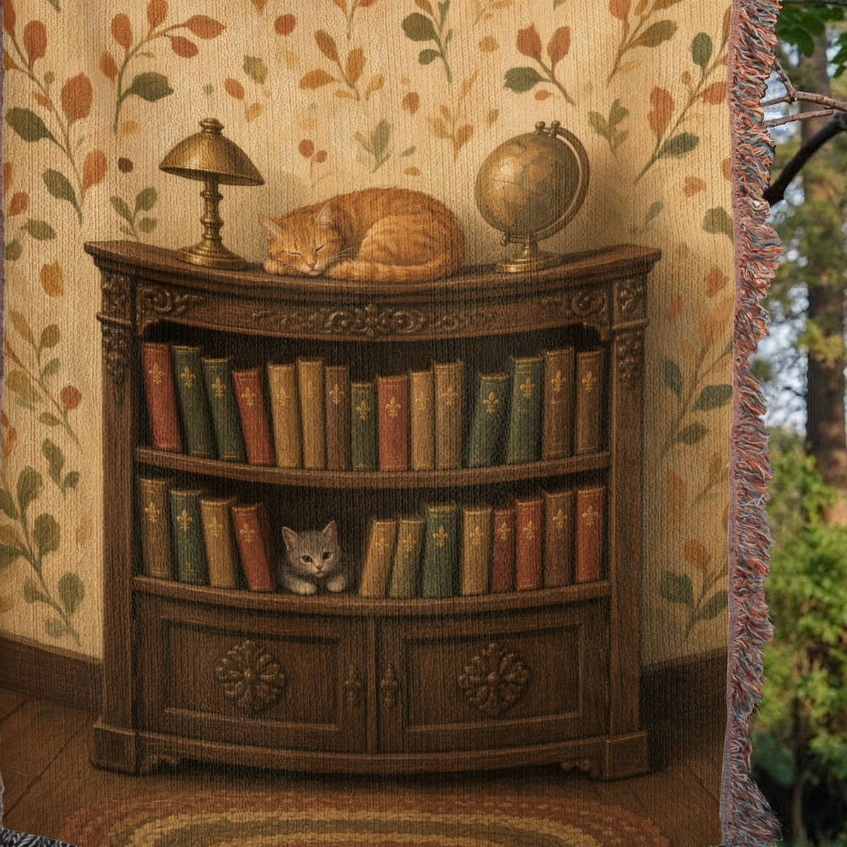 Detail of the library cat woven throw: orange tabby folk art hung on a clothesline in the trees, weave and fringe visible