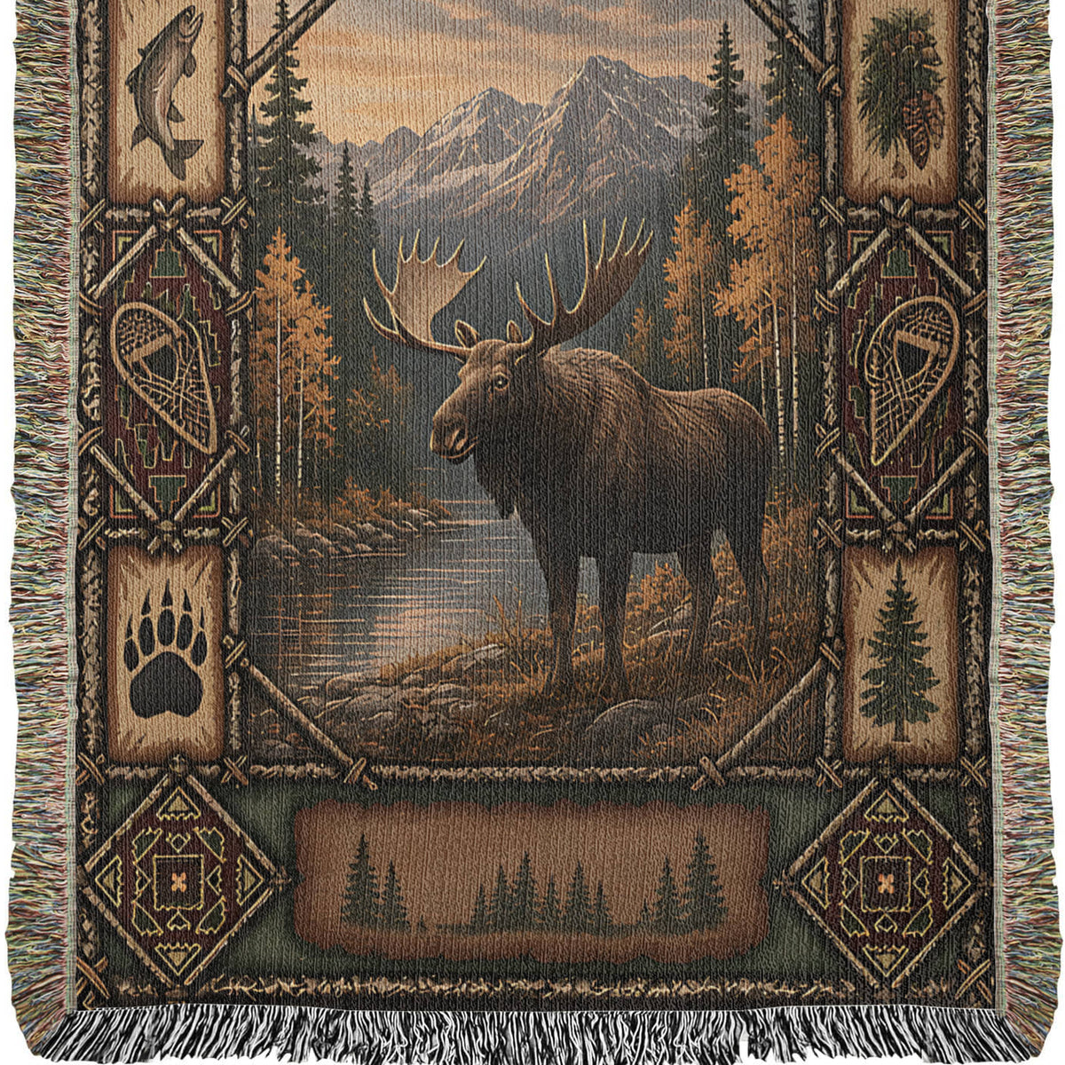Close view of the 37 x 52 lodge woven blanket: moose, snowy peaks and golden aspens with trout, snowshoe and paw track side panels