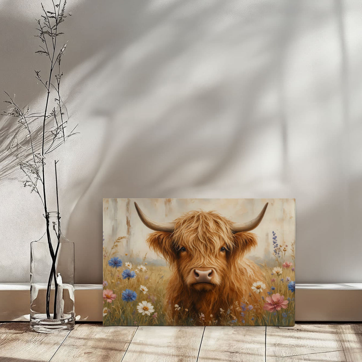 Painterly highland cow canvas leaning against a sunlit wall on a wood floor, farmhouse wall art with daisies and cornflowers